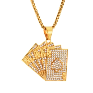 Hip hop royal flush poker pendant necklace with sparkling rhinestones in gold finish