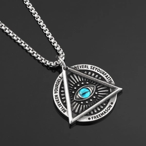 Punk silver stainless steel necklace with blue evil eye pendant on black mirror