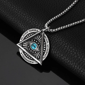 Retro titanium steel necklace with Freemason Eye of Providence pendant and blue stone