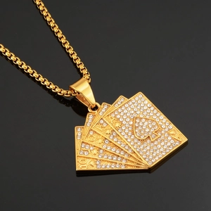 Hip hop gold plated poker royal flush pendant necklace with sparkling cubic zirconia