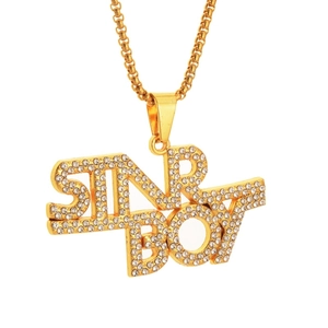 Hip hop style gold plated SINBOY letter pendant necklace with sparkling crystal inlay