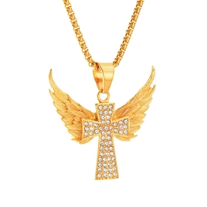 Collier hip-hop en acier doré avec pendentif croix ailée serti de cristaux brillants