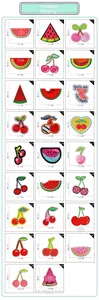Detailed size chart for fruit embroidery patches including watermelon and cherry designs
