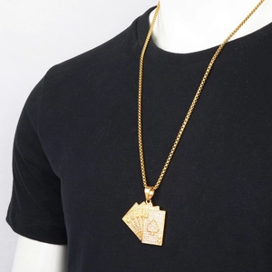 Hip hop gold plated poker royal flush pendant necklace with sparkling pavé crystals