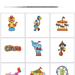 Detailed view of circus embroidery patches set including clowns and animals with sizes
