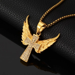 Collier hip hop avec pendentif croix ailée dorée et zircons cubiques pour hommes et femmes