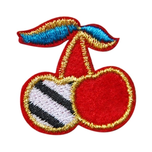 Embroidered cherry patch with red fruit and gold trim for DIY clothing and accessories