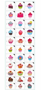 Macro view of 37 dessert-themed embroidered patches with detailed measurements