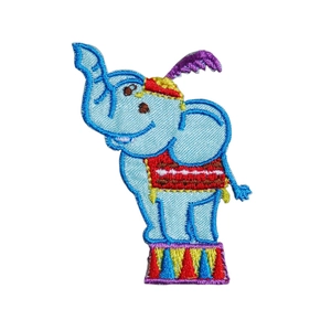 Detailed circus elephant embroidery patch with blue thread and colorful saddle for DIY