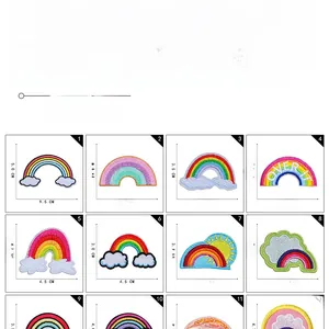 Detailed size specifications for various rainbow embroidery patches from 3.0cm to 9.5cm