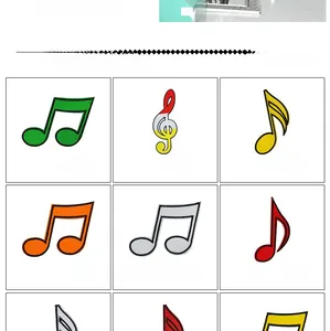 Detailed size chart for musical note embroidery patches including treble clef and symbols