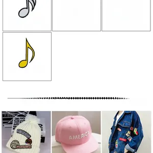 Detailed embroidery patch set with music notes on caps and jackets for DIY projects