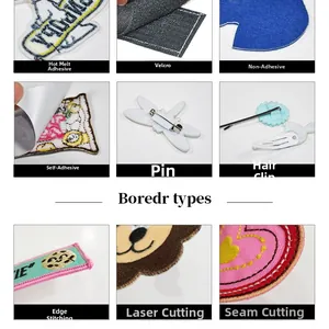 Detail showing various border types and backing options for rainbow embroidered patches