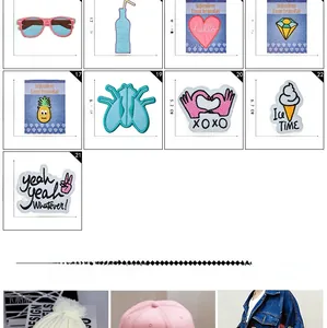 Close-up of assorted cartoon embroidery patches with size measurements and lifestyle usage