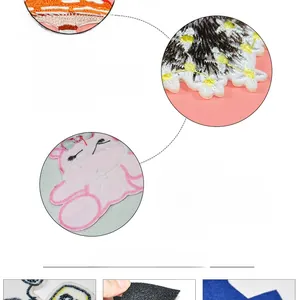 Detailed macro view showing diverse cartoon embroidery patches with strong adhesive backing