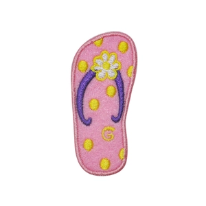 Pink flip-flop embroidery patch with yellow polka dots and white daisy for DIY clothing