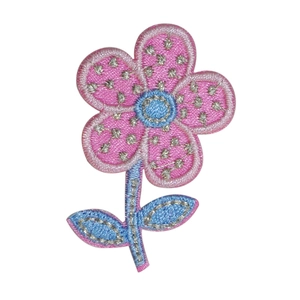 Pink and blue floral embroidery patch with silver dot details for DIY clothing and bags