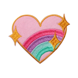 Rainbow heart embroidery patch with gold star and pink felt base for DIY clothing