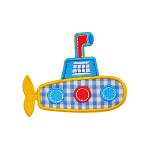Submarine shape embroidery patch with blue checkered fabric and colorful stitching