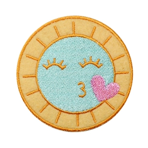 Cartoon sun embroidered patch with blue center and yellow rays for clothing DIY