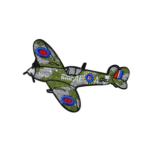 Camouflage green Spitfire fighter plane embroidered patch with RAF style markings