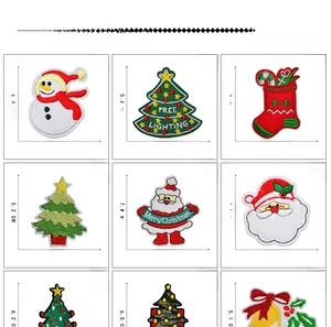 Macro detail of various Christmas embroidery patches with dimensions and textures
