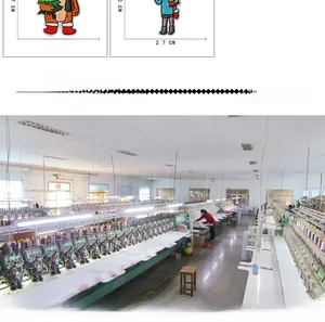 Detailed embroidery of Christmas bear and girl patch with factory production line view