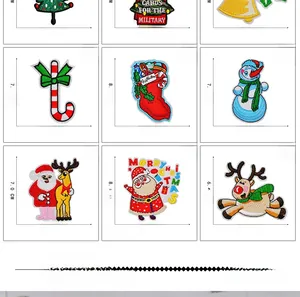 Detailed view of Christmas embroidery patches with dimensions and festive motifs