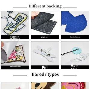 Detailed macro view of embroidery patch backing options including iron-on and velcro finish