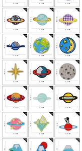 Detailed catalog showing space-themed embroidery patches with precise size dimensions