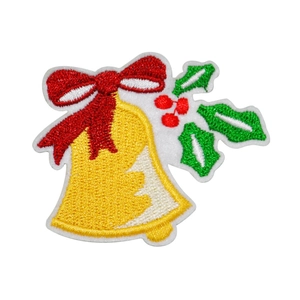 Christmas embroidery patch with gold bell, red bow and green holly leaves on white base