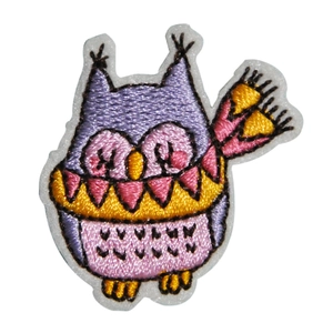Cute purple embroidered owl patch with scarf for clothing and DIY bag accessories
