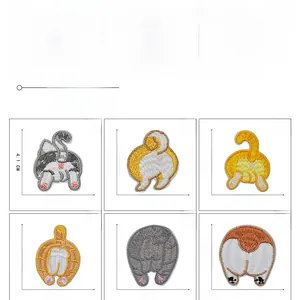 Detailed size chart for cat silhouette embroidery patches in various colors and dimensions