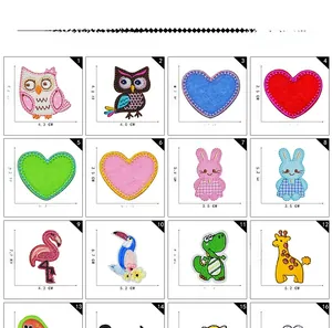Detailed grid showing sixteen colorful animal and flower embroidery patches with sizes