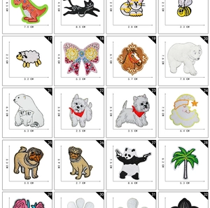 Detailed grid of animal and floral embroidery patches with precise size dimensions