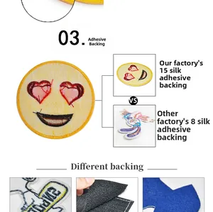 Detail comparison of high quality 15-wire adhesive backing on heart emoji embroidery patch