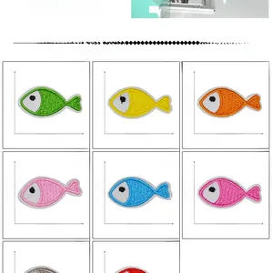Detailed grid view showing 4.0cm x 2.0cm embroidered fish patches in eight vibrant colors