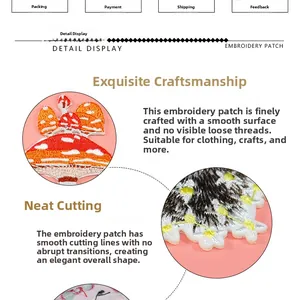 Detailed macro view of high-density mushroom and snowflake embroidery patches