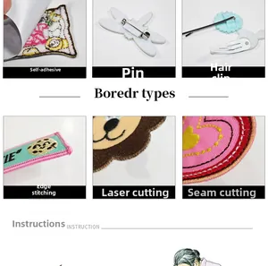 Detailed views of embroidered patches showing adhesive backing, pins, and hair clips