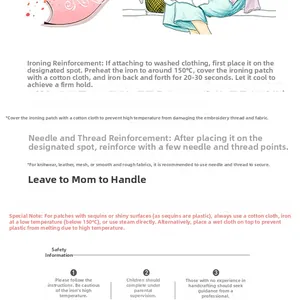 Instructional guide for embroidery patch application with ironing and sewing steps