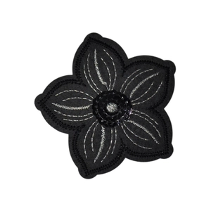 Embroidered black floral patch with silver stitching and sequins for clothing