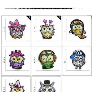 Detailed size specifications for eight different cartoon owl embroidery patch designs