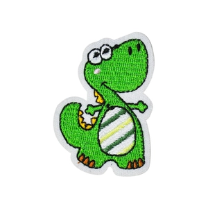 Green cartoon dinosaur embroidered patch for clothing with detailed needlework textures