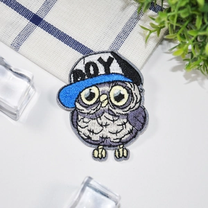 Cute cartoon owl embroidery patch with blue BOY hat for DIY clothing and bag decor