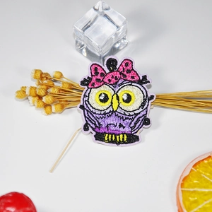 Embroidered purple owl patch with pink polka dot bow for clothing and DIY accessories