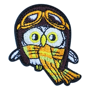 Cartoon aviator owl embroidery patch with yellow goggles and striped scarf