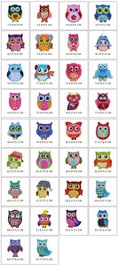 Detailed catalog showing various colorful cartoon owl embroidery patches in different sizes