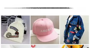 Detailed views of colorful cartoon owl patches applied to hats and denim jackets