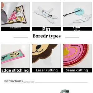 Detailed views of owl embroidery patches showing adhesive, pin, and edge stitching options