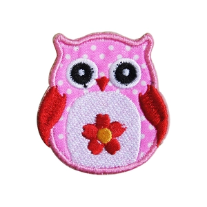 Cartoon owl embroidery patch with pink polka dots and red flower for clothing DIY